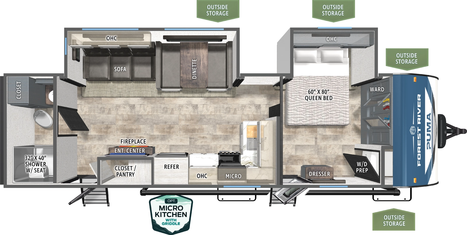 The Puma 27RBDS floorplan has two entries and two slide outs. Exterior features include: metal exterior, 21' awning and outside kitchen. Interiors features include: front bedroom and rear bathroom.